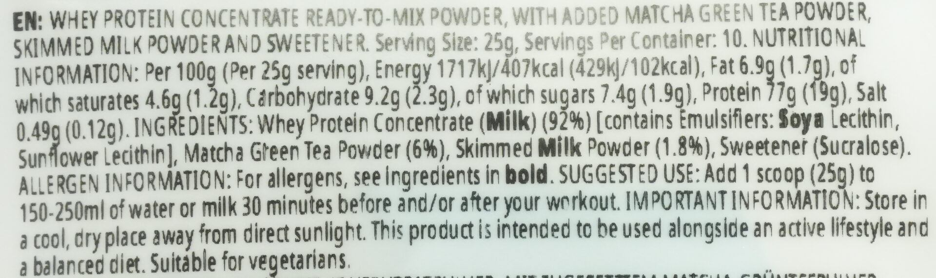 マイプロテイン 抹茶ラテ(リニューアル前)の成分表