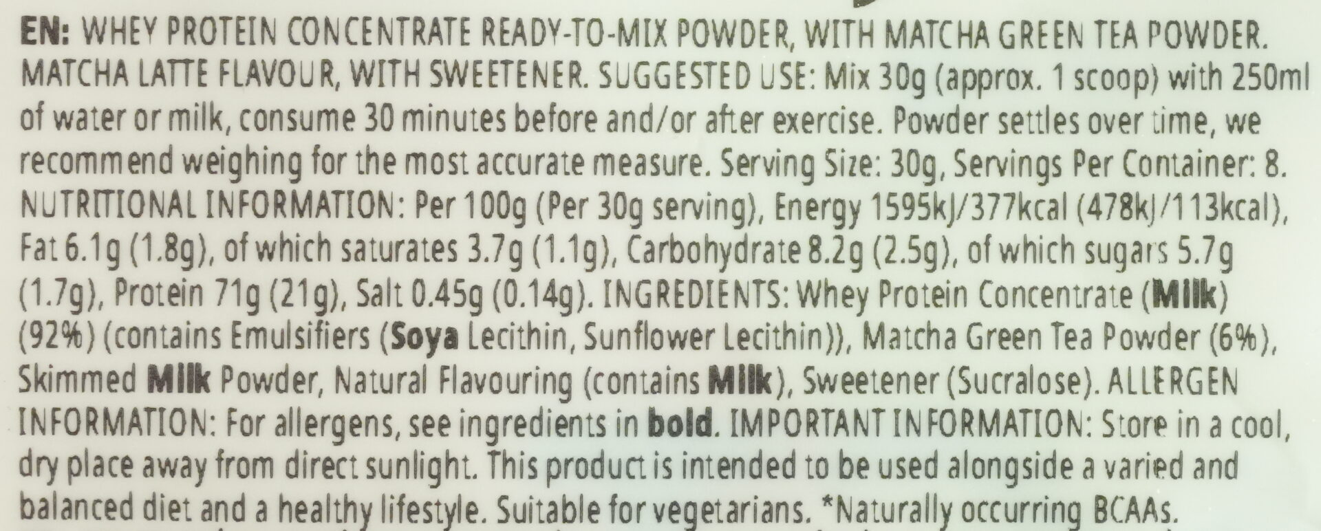 マイプロテイン 抹茶ラテ(リニューアル後)の成分表